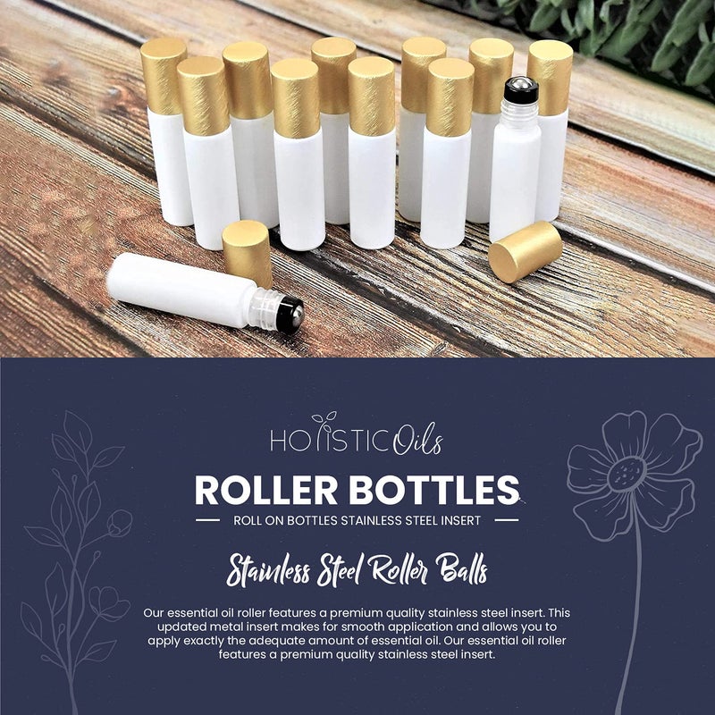 holistic oils 12-Pack 10ml White Glass Roller Bottles with Brushed Gold Leakproof Caps â€“ Refillable Roll-On Bottles with Updated Roller Insert for Essential Oils, Serums, Perfumes, and DIY Aromatherapy - Image 3